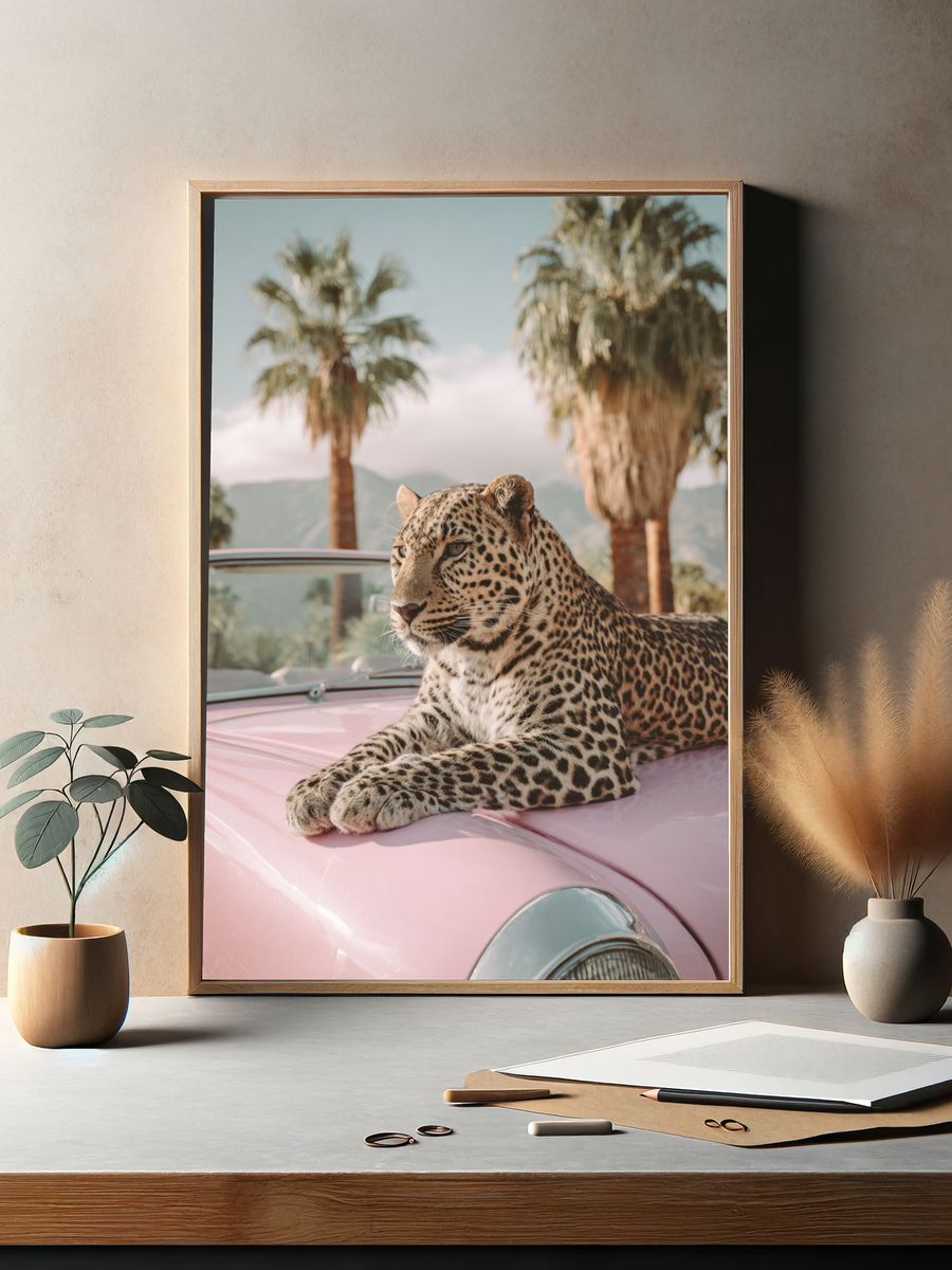 Leopard on Pink Car — Photography Print. — room view 2