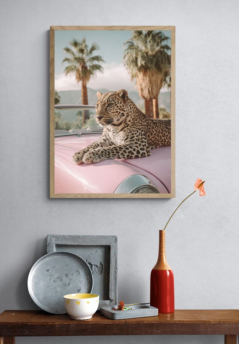 Leopard on Pink Car — Photography Print. — room view 3