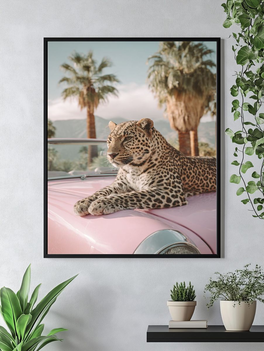 Leopard on Pink Car — Photography Print. — room view 4