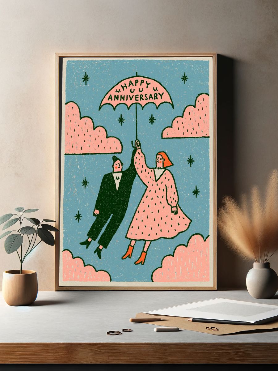 Happy Anniversary Couple Illustration Poster. — room view 2