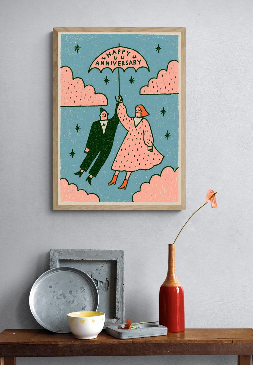 Happy Anniversary Couple Illustration Poster. — room view 3