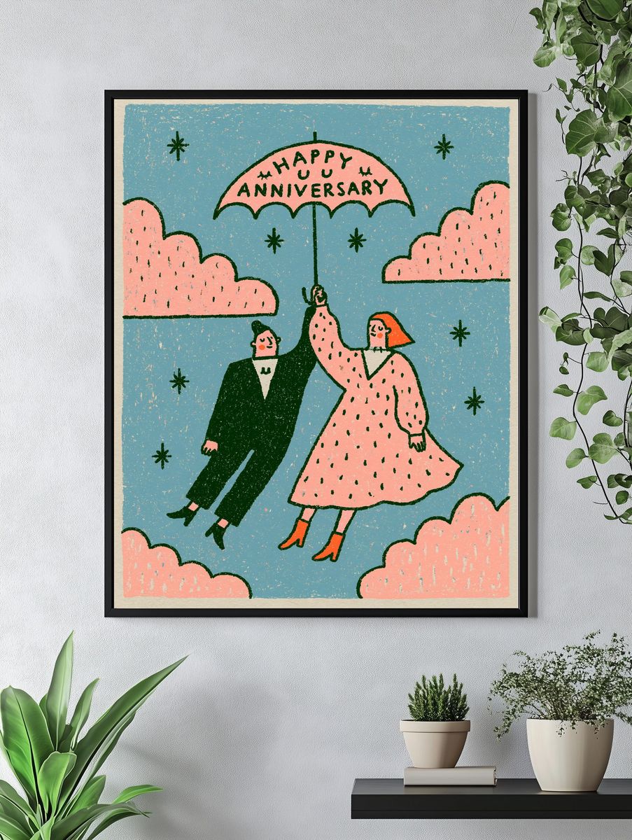 Happy Anniversary Couple Illustration Poster. — room view 4