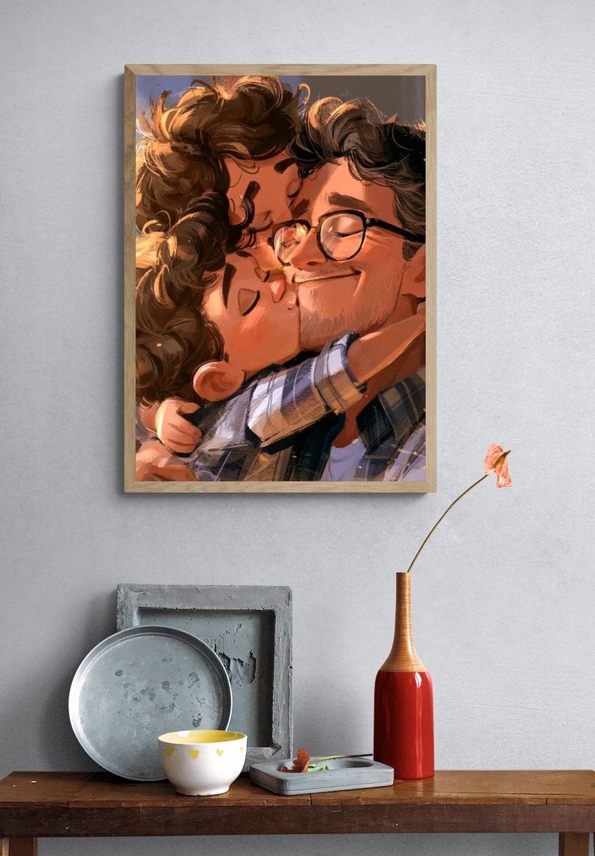 Tender Couple Embrace Illustration Poster. — room view 3
