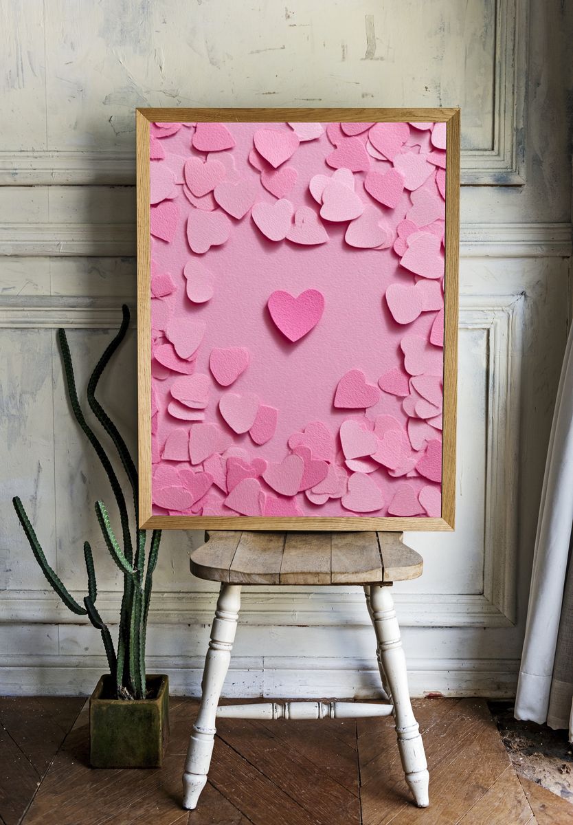 Pink Heart Confetti Typography Print. — room view 1