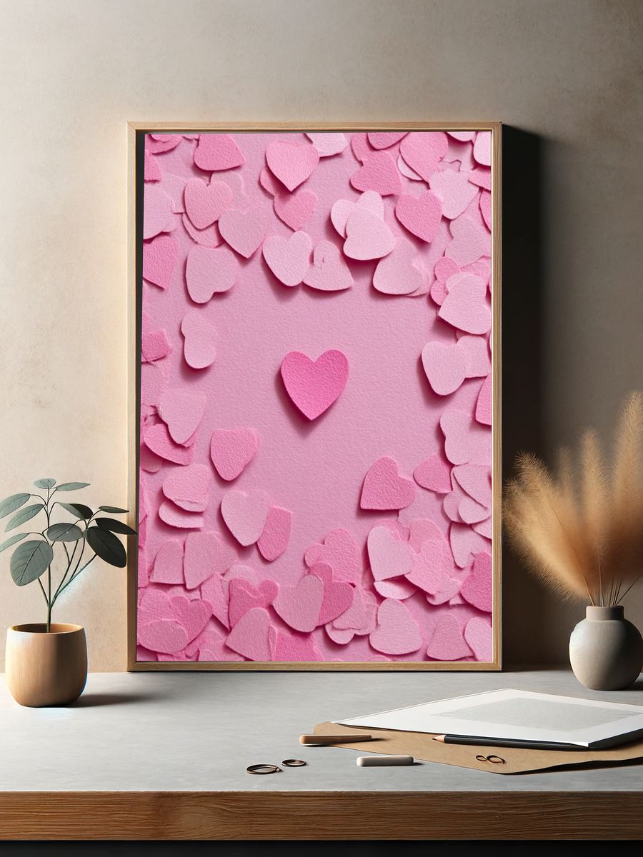 Pink Heart Confetti Typography Print. — room view 2
