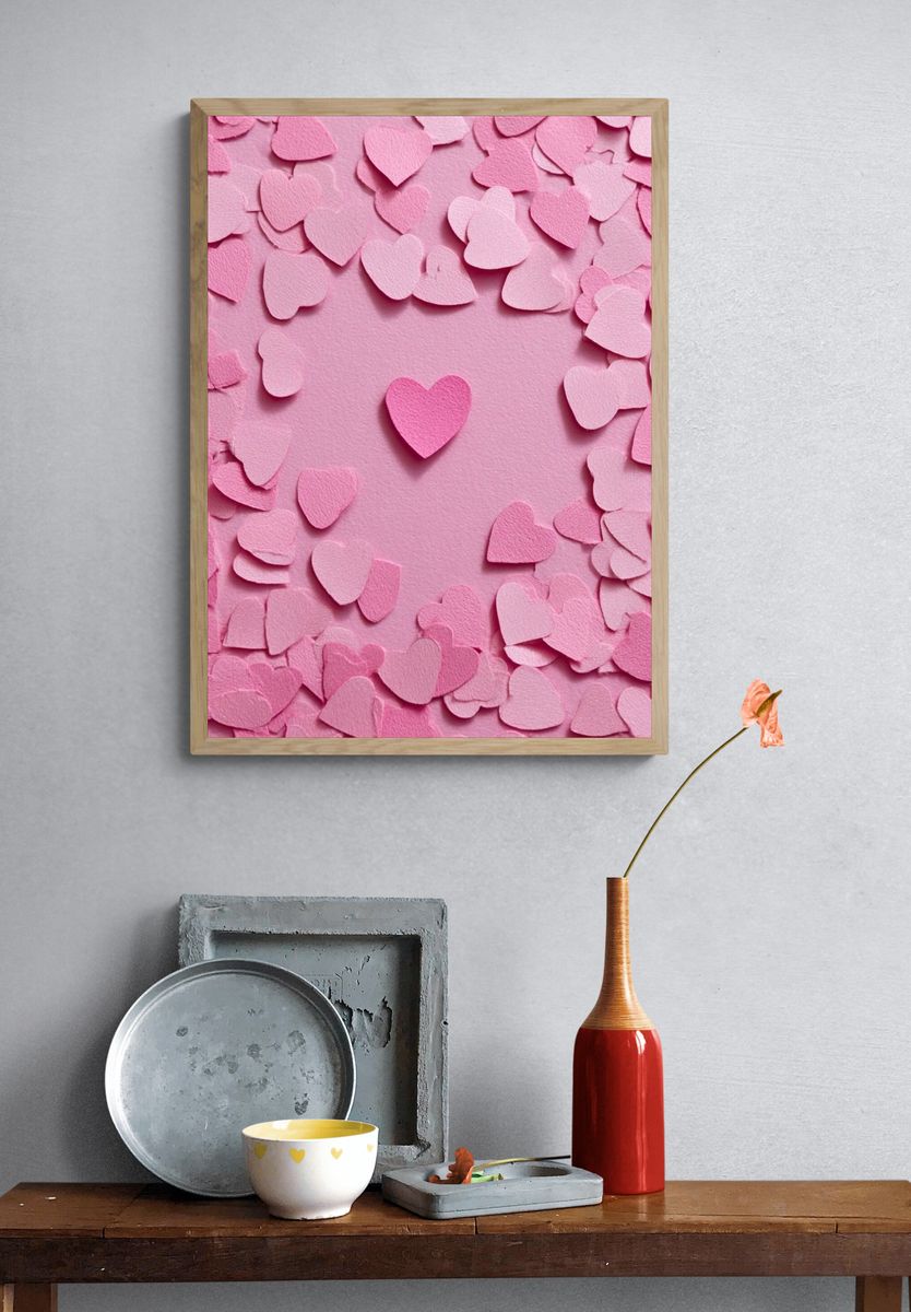 Pink Heart Confetti Typography Print. — room view 3