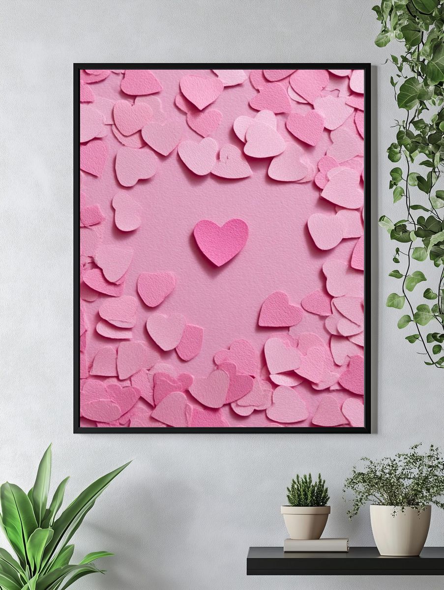 Pink Heart Confetti Typography Print. — room view 4