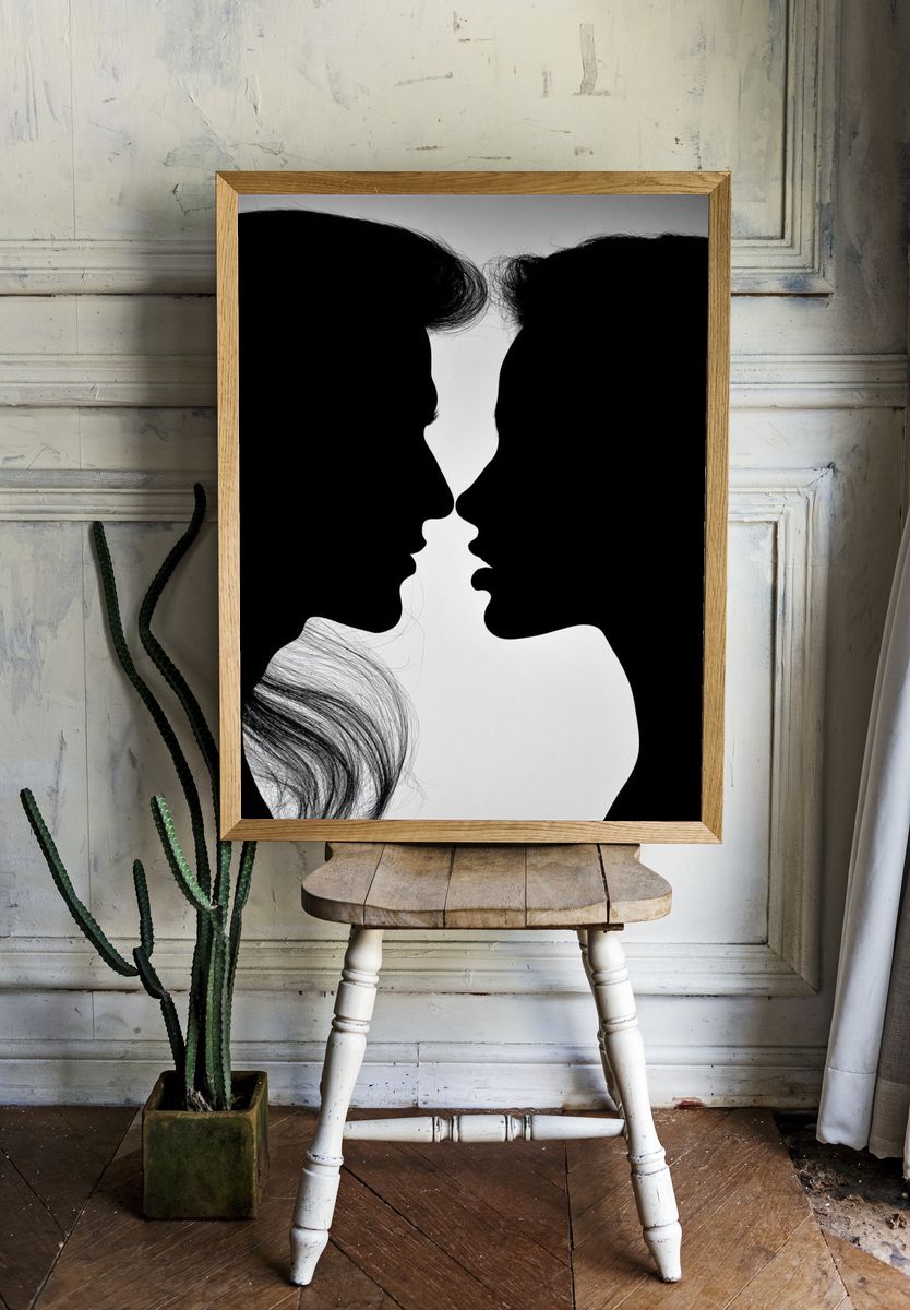 Silhouette Lovers Black-White Poster. room preview