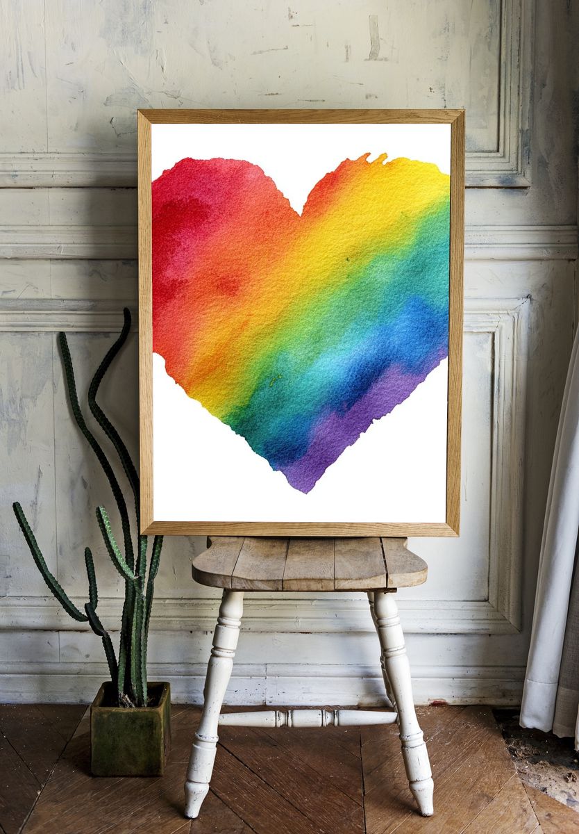 Rainbow Heart Watercolor Print. room preview