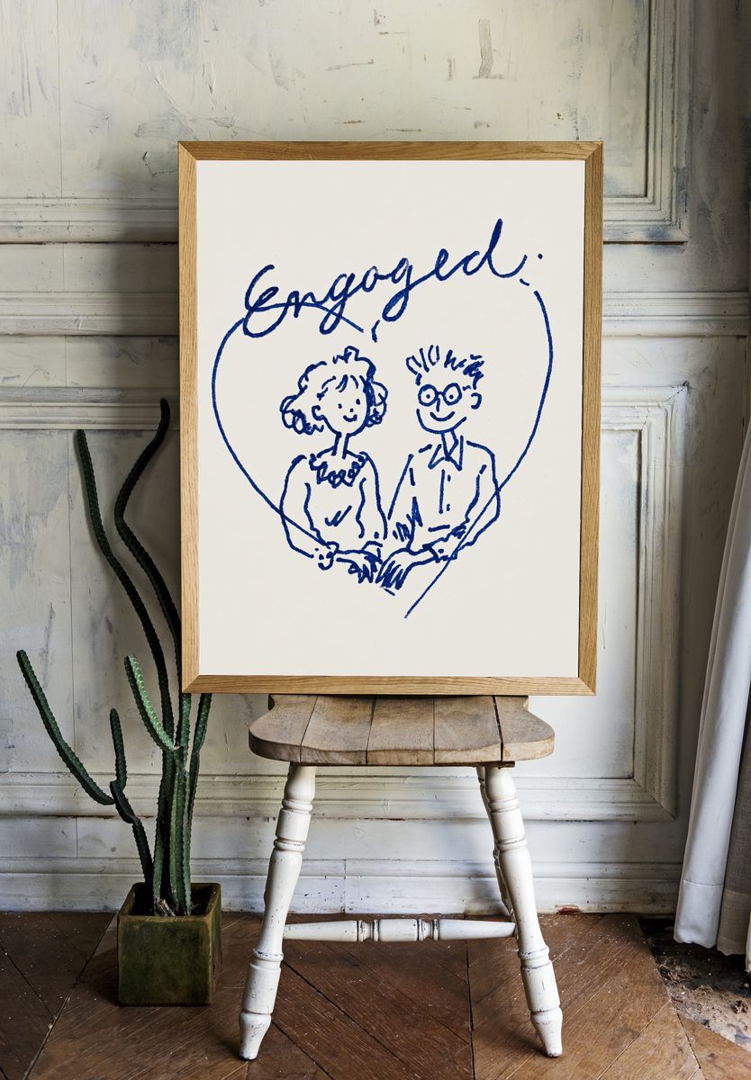 Engaged Couple Line Art Print. room preview