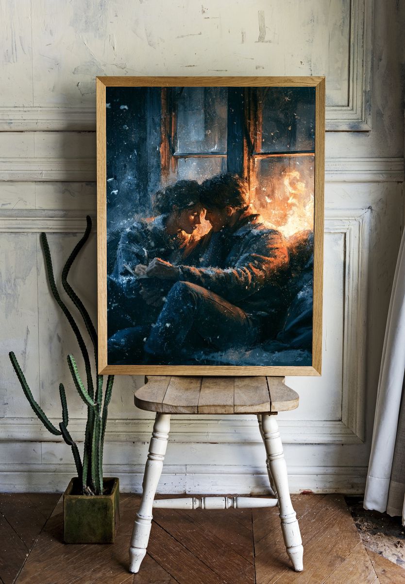 Winter Lovers by the Window Print. room preview