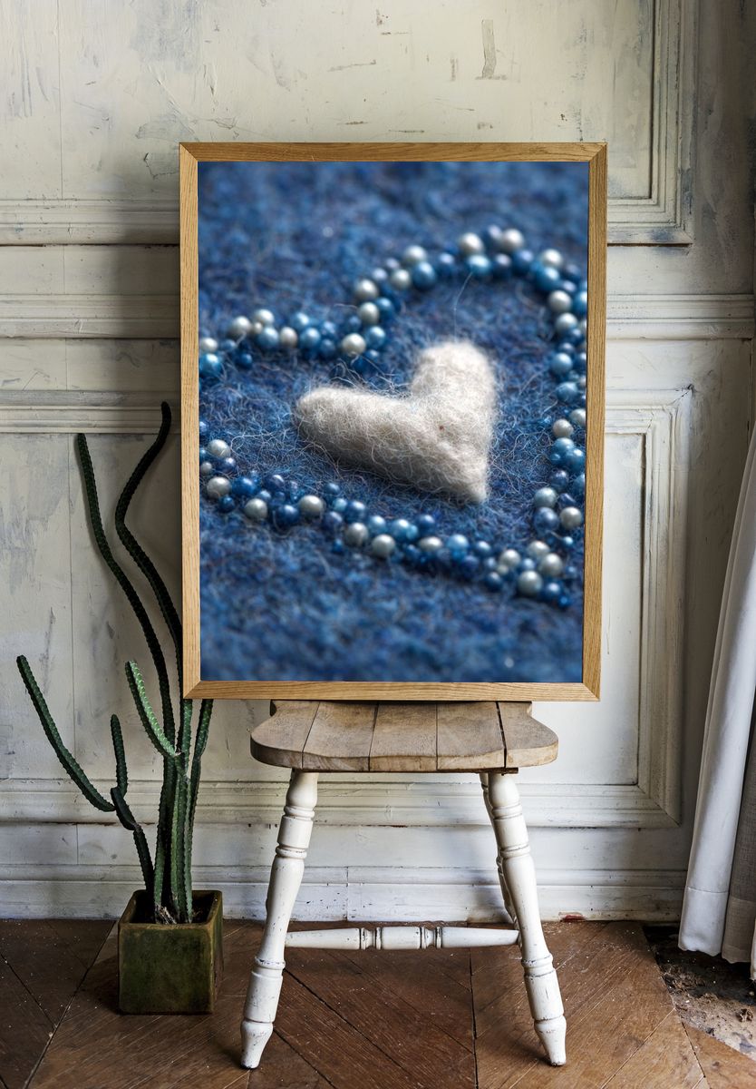 Blue Felt Heart Typography Print. room preview