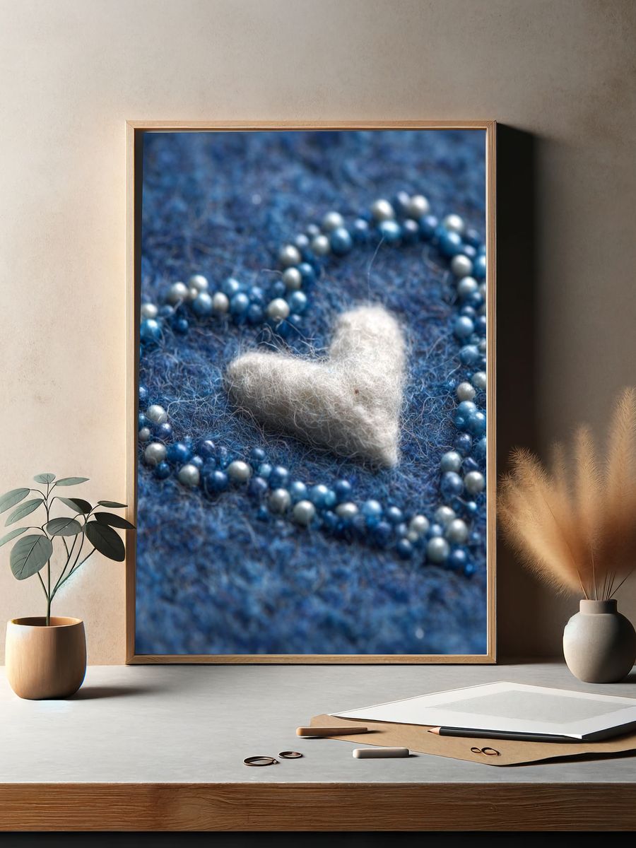 Blue Felt Heart Typography Print. — room view 2