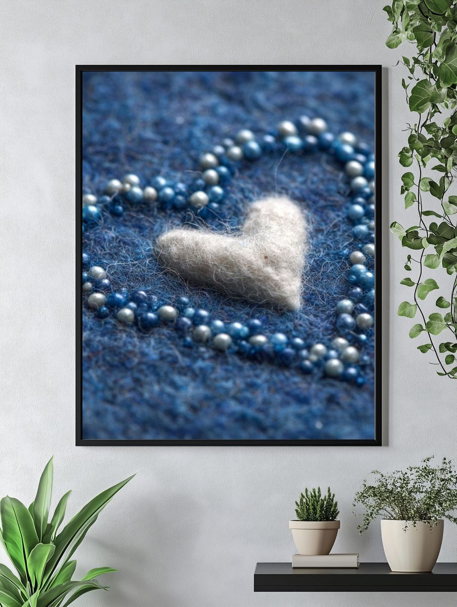 Blue Felt Heart Typography Print. — room view 4