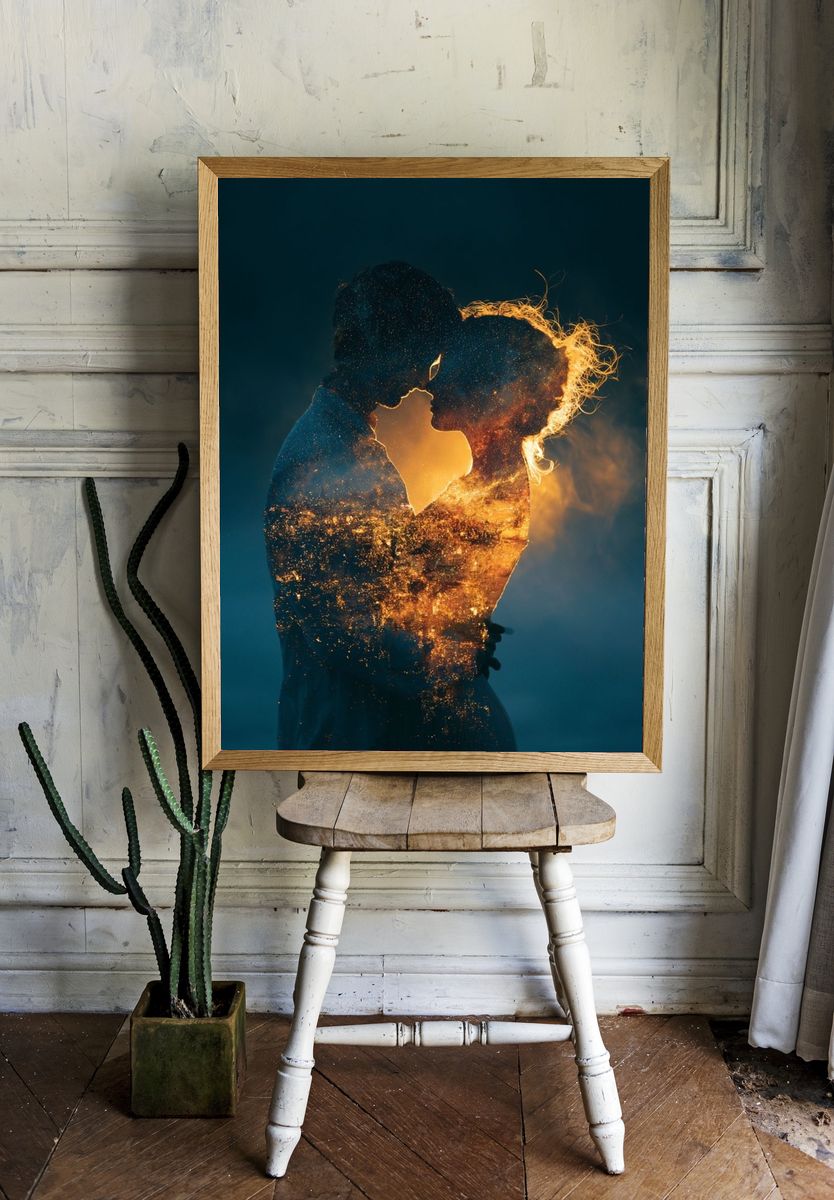 Cosmic Lovers Silhouette Print. room preview