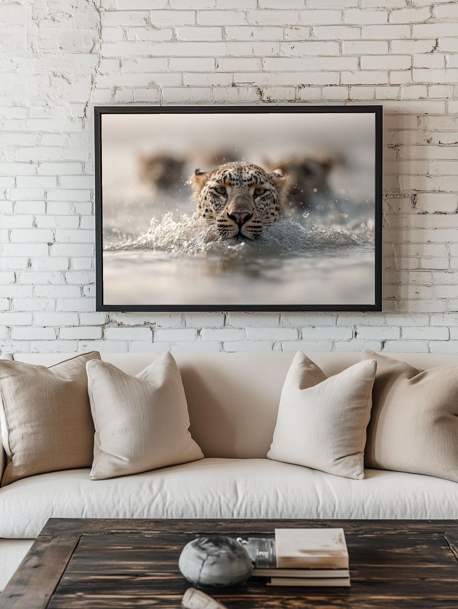 Leopard in Water Photography Poster. — room view 1