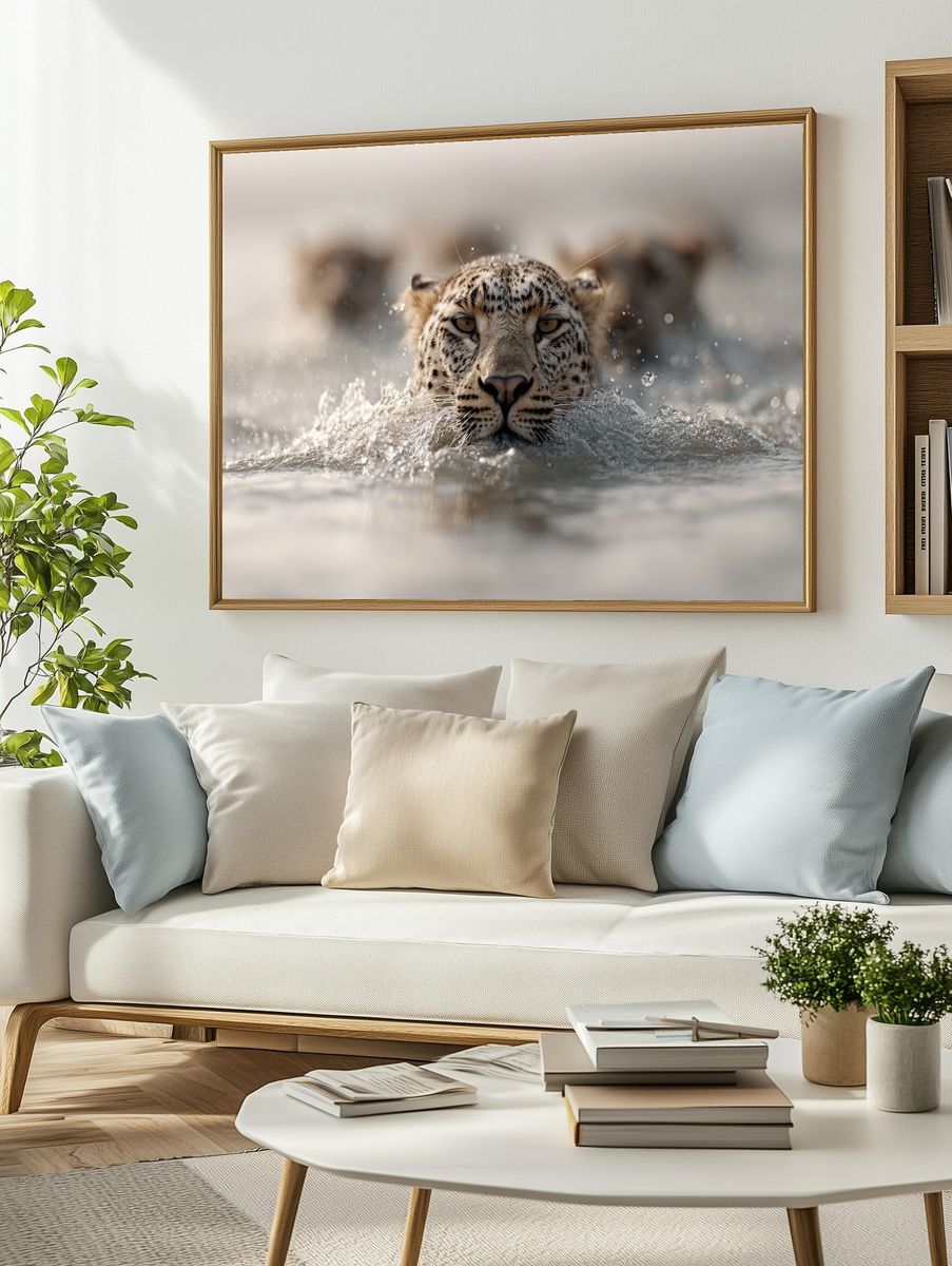 Leopard in Water Photography Poster. — room view 2
