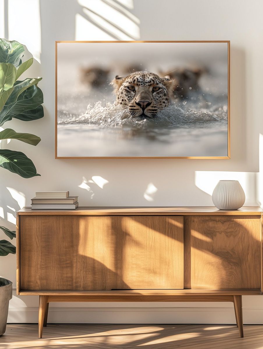 Leopard in Water Photography Poster. — room view 3