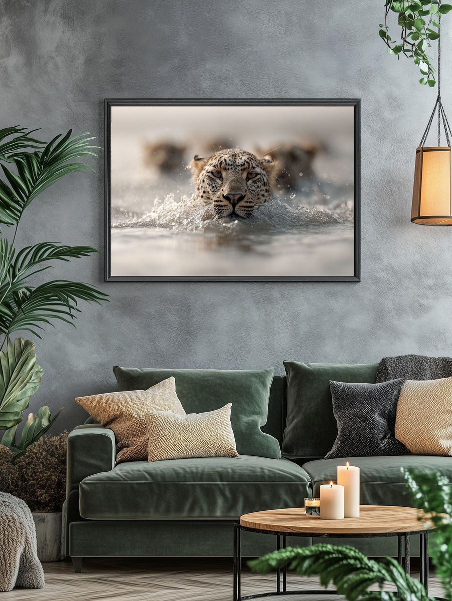 Leopard in Water Photography Poster. — room view 4