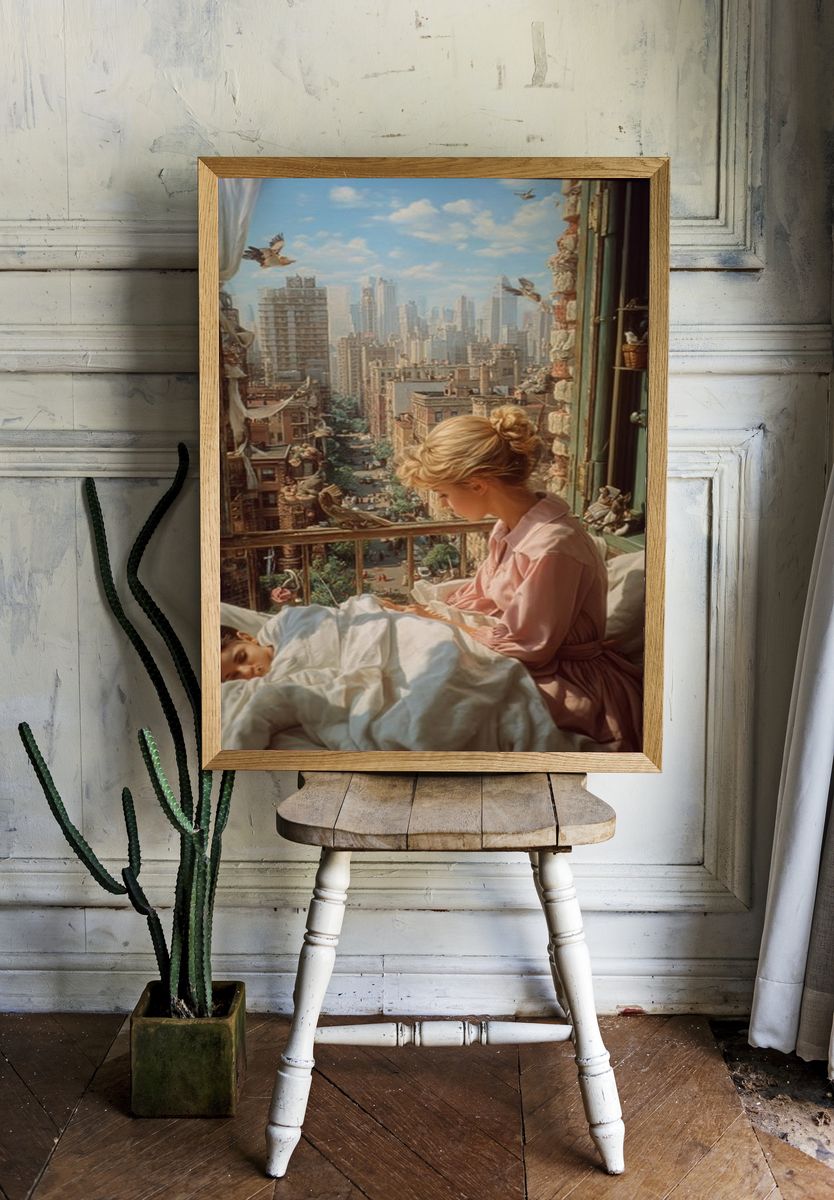 Mother and Child in Cityscape — Fine Art Print. — room view 1