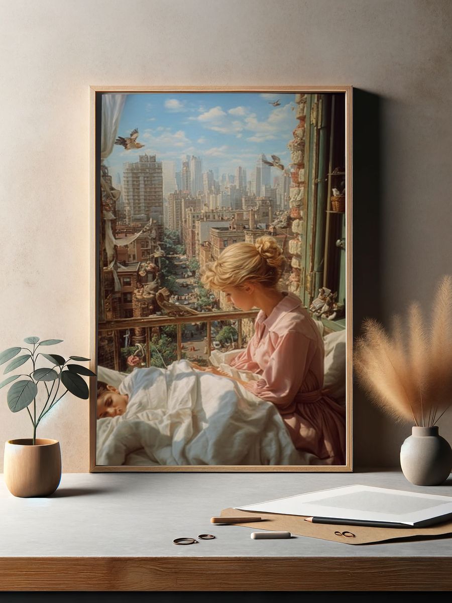 Mother and Child in Cityscape — Fine Art Print. — room view 2
