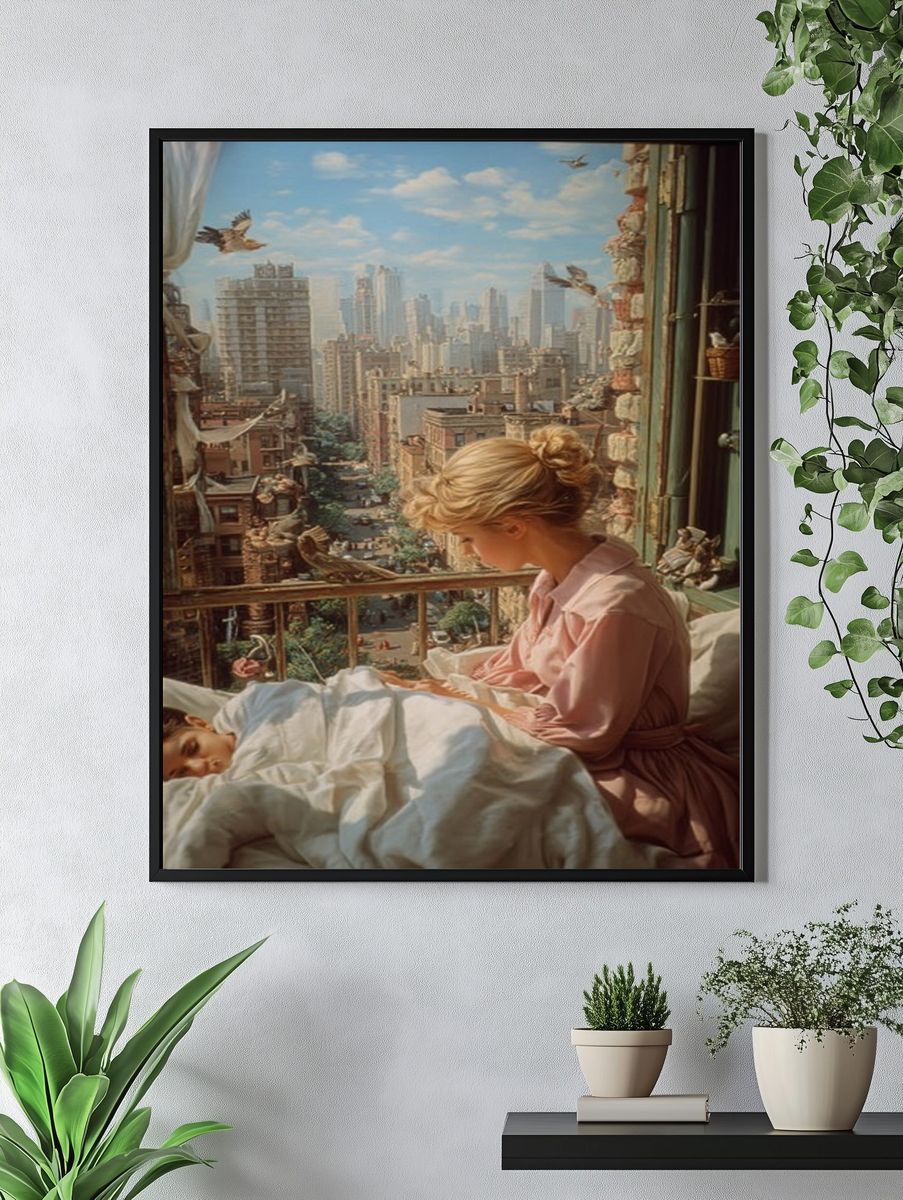 Mother and Child in Cityscape — Fine Art Print. — room view 4