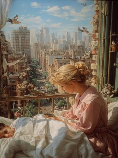 Mother and Child in Cityscape — Fine Art Print. poster print
