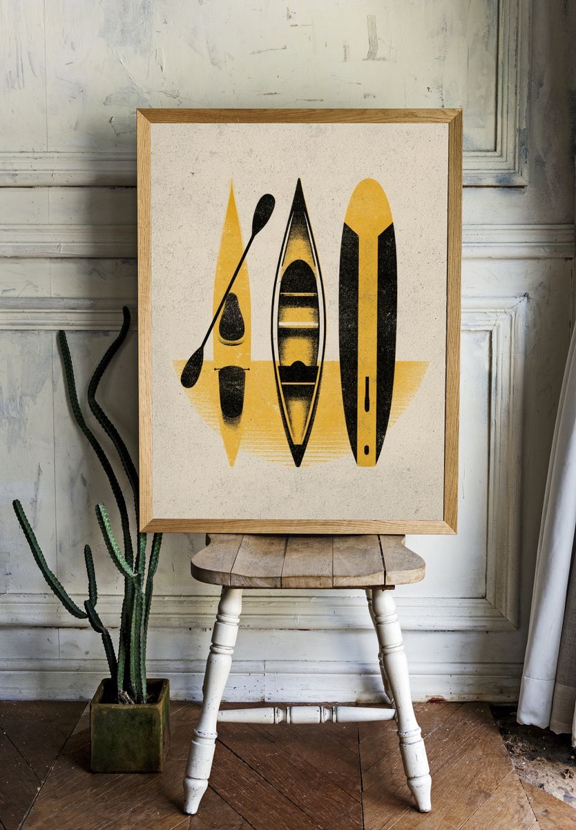 Yellow Kayaks Mid-Century Modern Poster. room preview