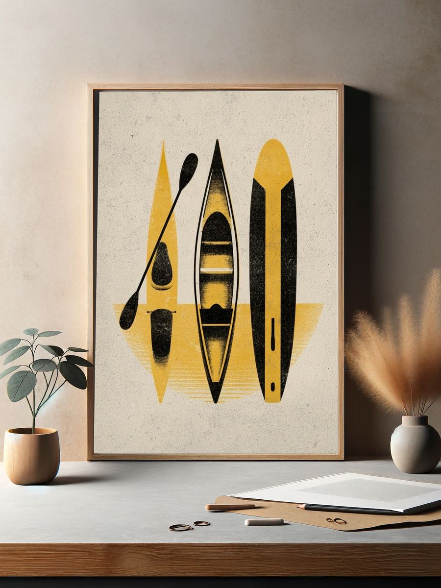 Yellow Kayaks Mid-Century Modern Poster. — room view 2
