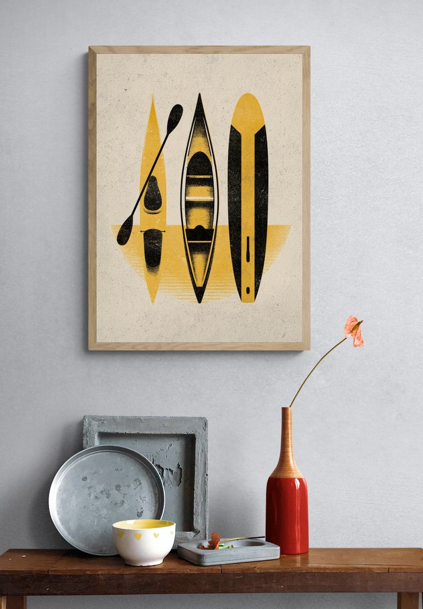 Yellow Kayaks Mid-Century Modern Poster. — room view 3