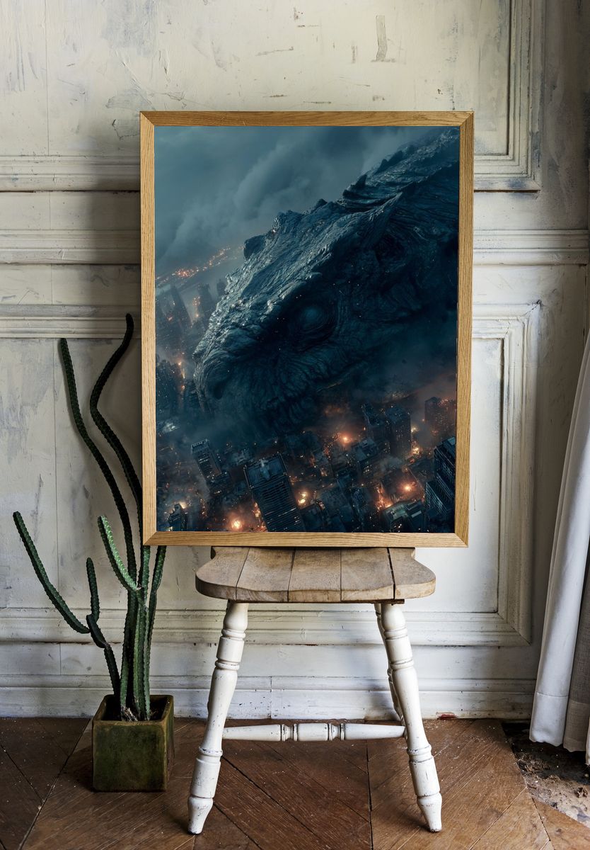 Giant Monster in Cityscape — Sci-Fi Print. room preview