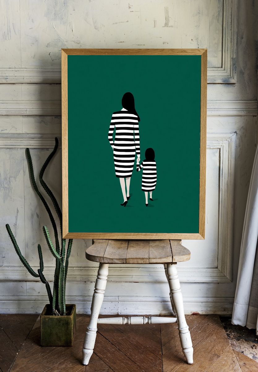 Mother and Child in Stripes — Minimalist Print. — room view 1