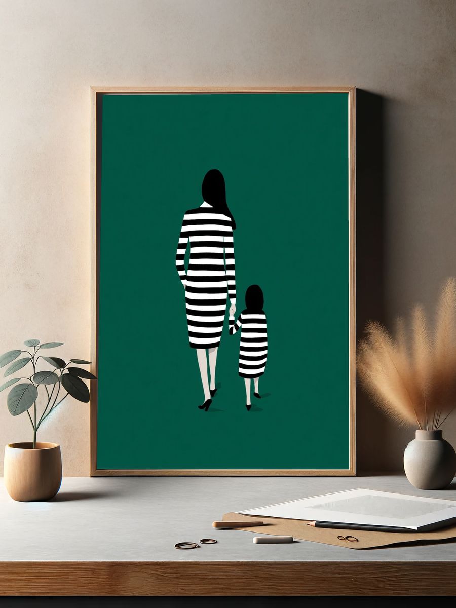 Mother and Child in Stripes — Minimalist Print. — room view 2