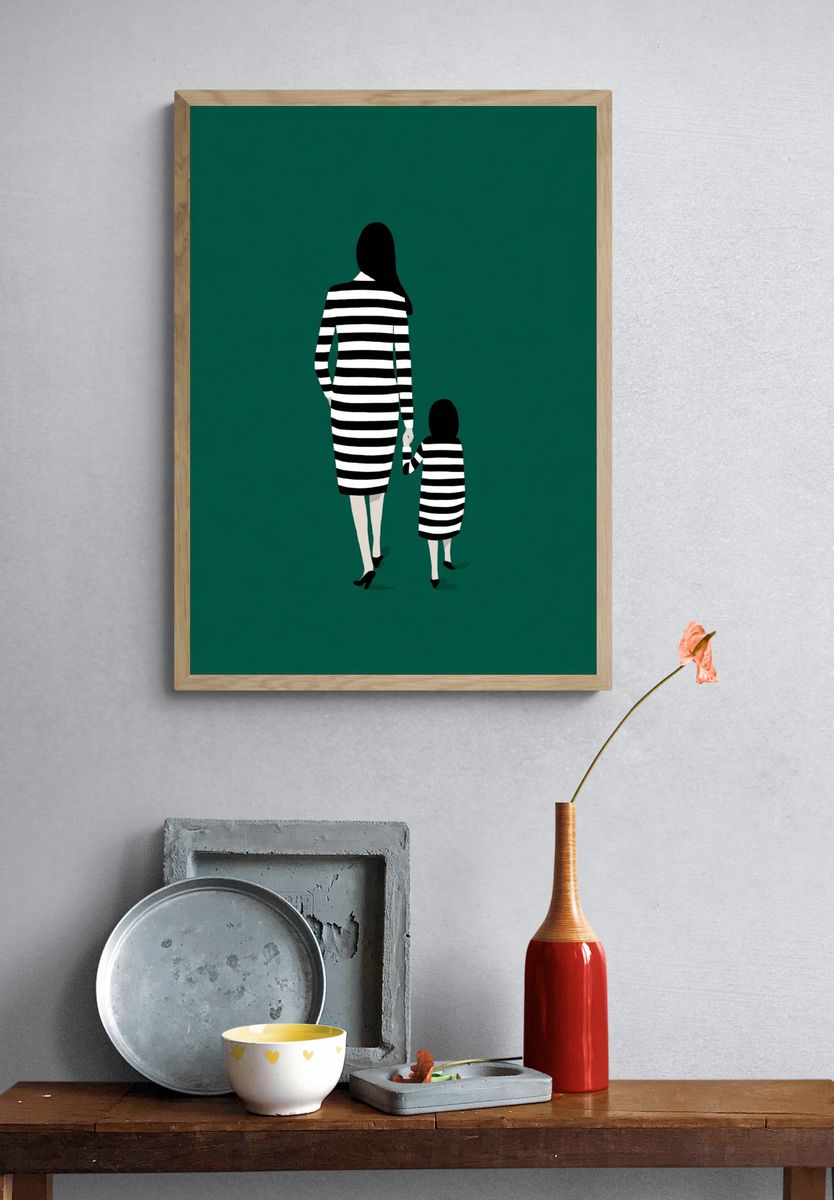 Mother and Child in Stripes — Minimalist Print. — room view 3