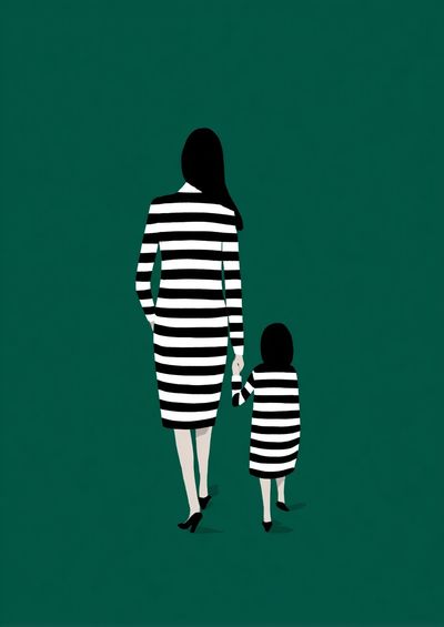 Mother and Child in Stripes — Minimalist Print. poster print
