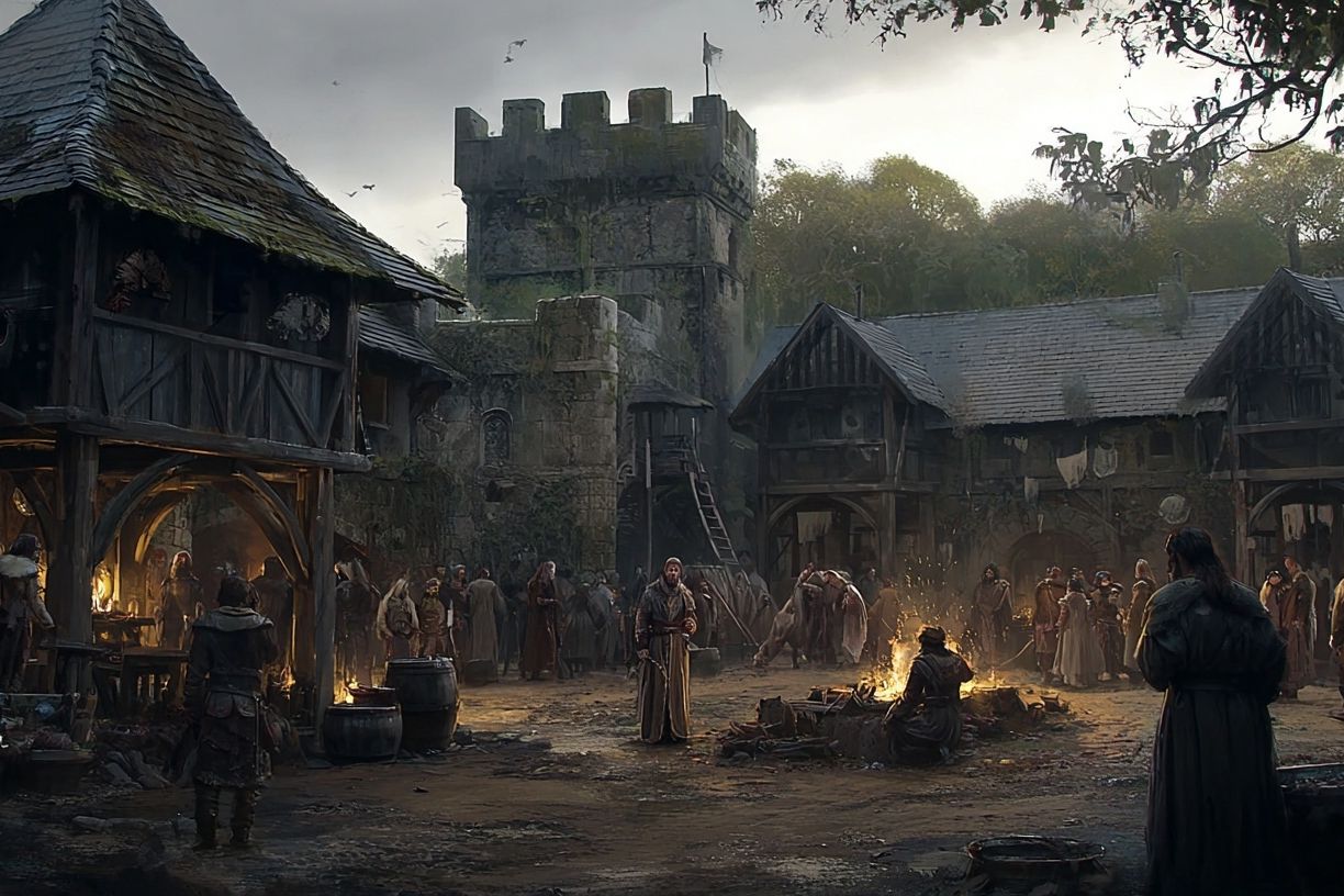 Medieval Village Courtyard Fantasy Print. poster detail