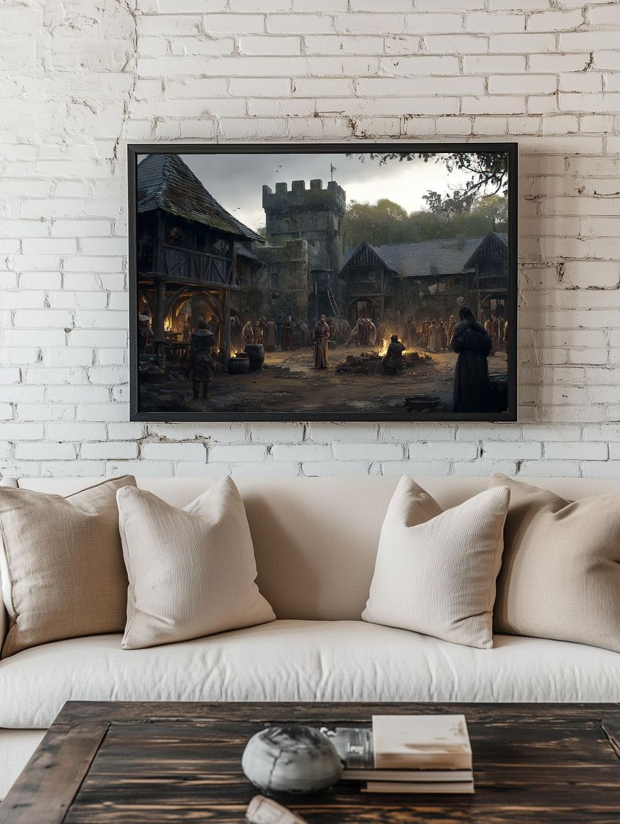 Medieval Village Courtyard Fantasy Print. — room view 1