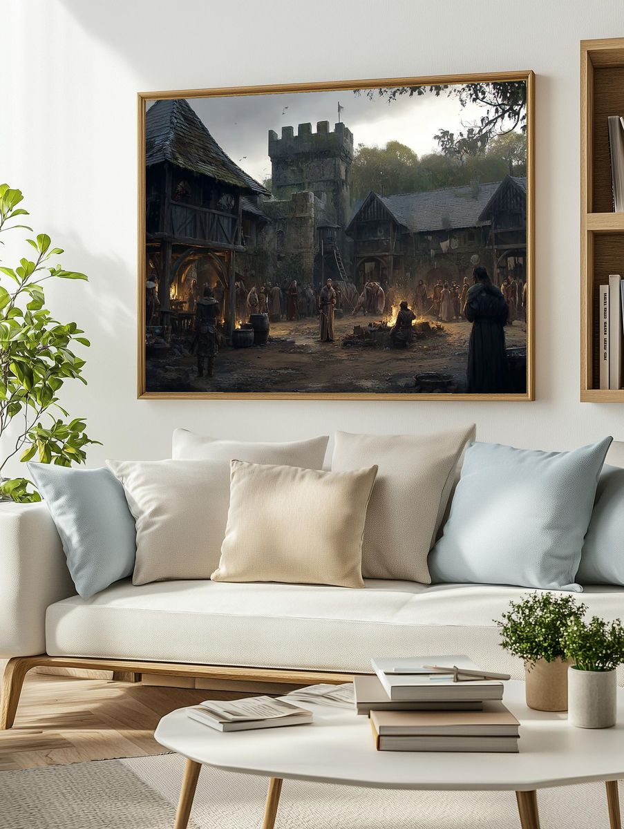 Medieval Village Courtyard Fantasy Print. — room view 2
