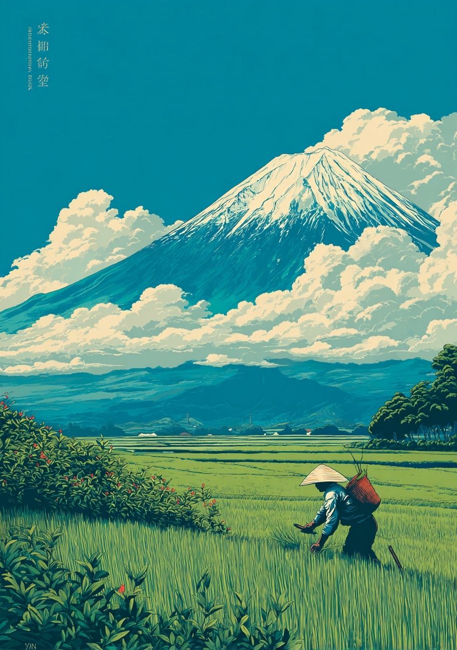 Mount Fuji Rice Field Illustration Poster. poster detail