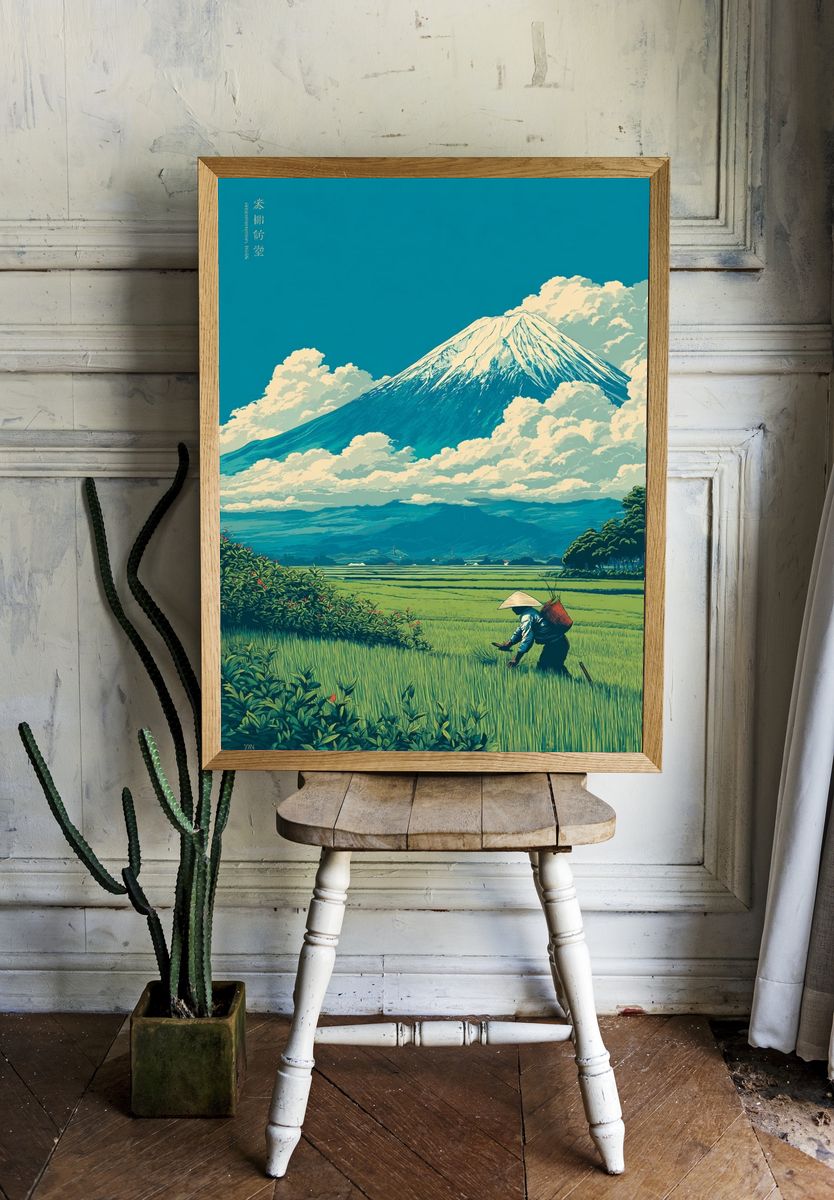 Mount Fuji Rice Field Illustration Poster. — room view 1