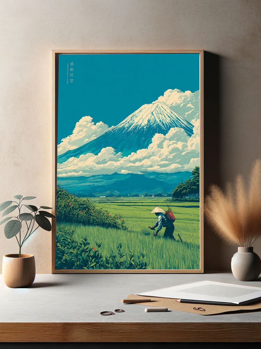 Mount Fuji Rice Field Illustration Poster. — room view 2