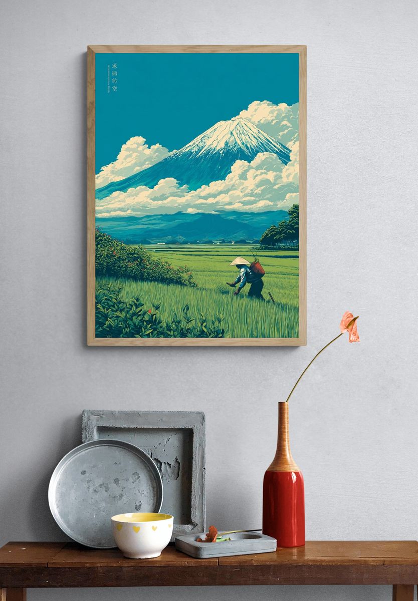 Mount Fuji Rice Field Illustration Poster. — room view 3