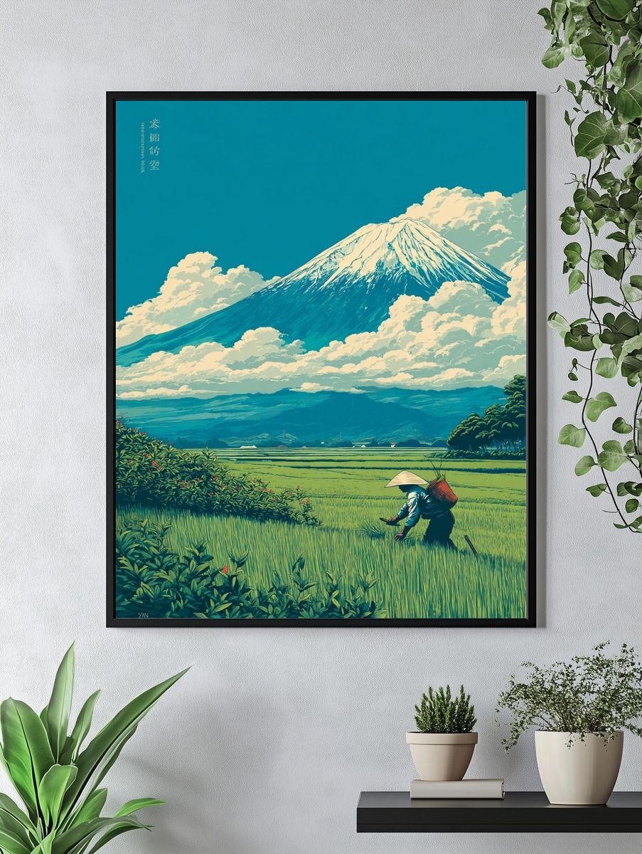 Mount Fuji Rice Field Illustration Poster. — room view 4