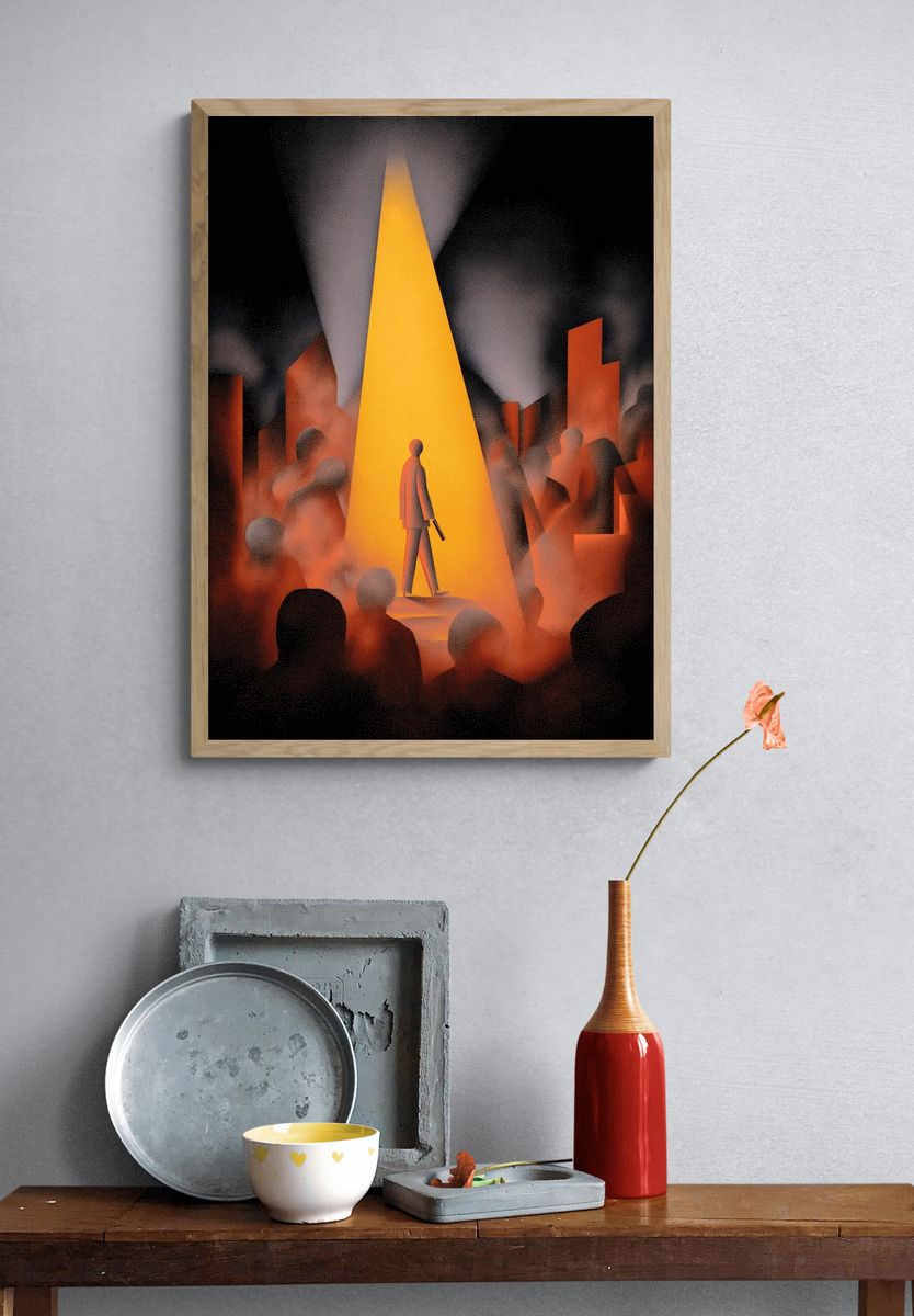 Mysterious Figure in Spotlight — Illustration Print. — room view 3