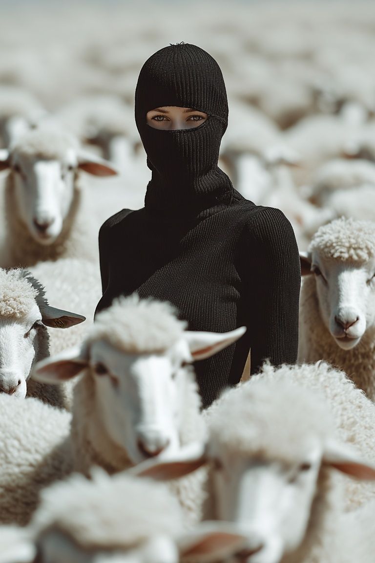 Mysterious Figure Among Sheep — Photography Print. poster — photography art