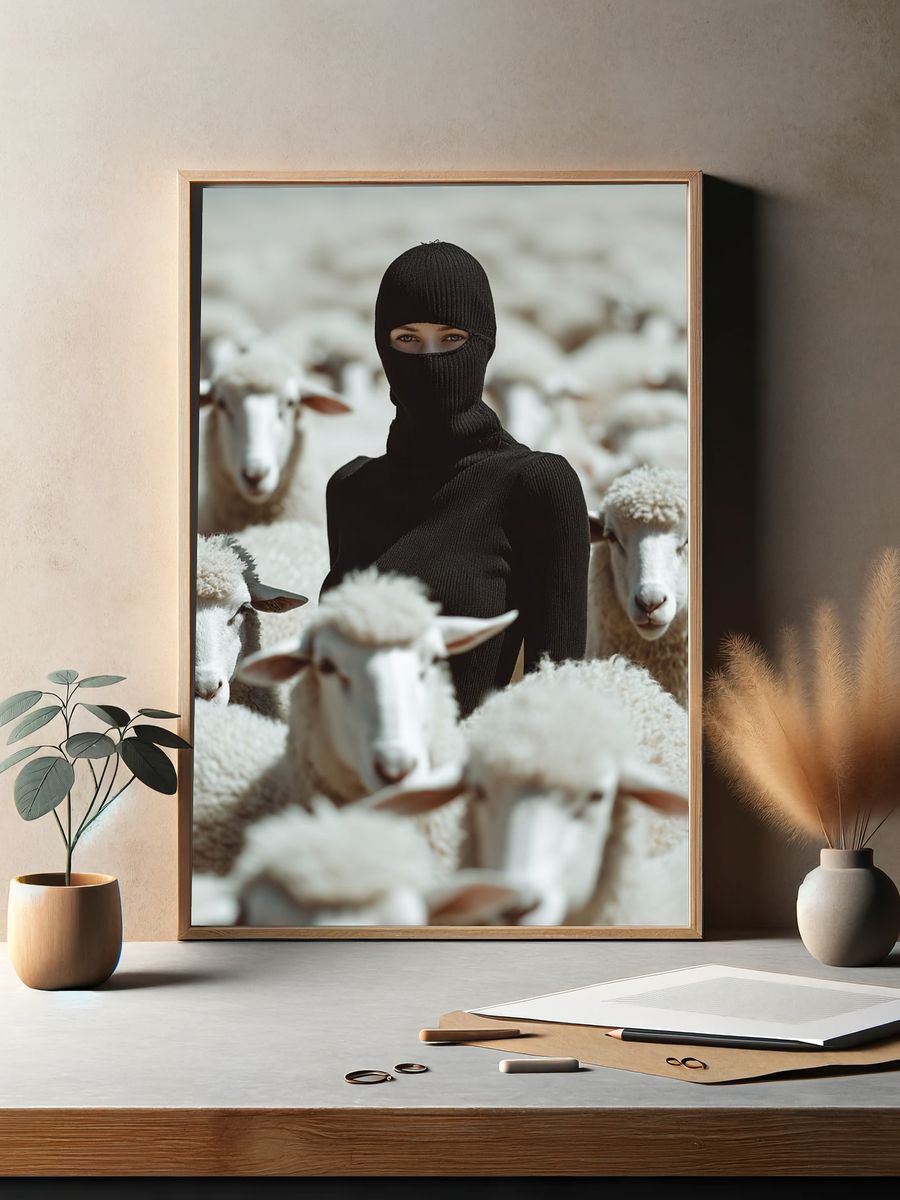 Mysterious Figure Among Sheep — Photography Print. — room view 2