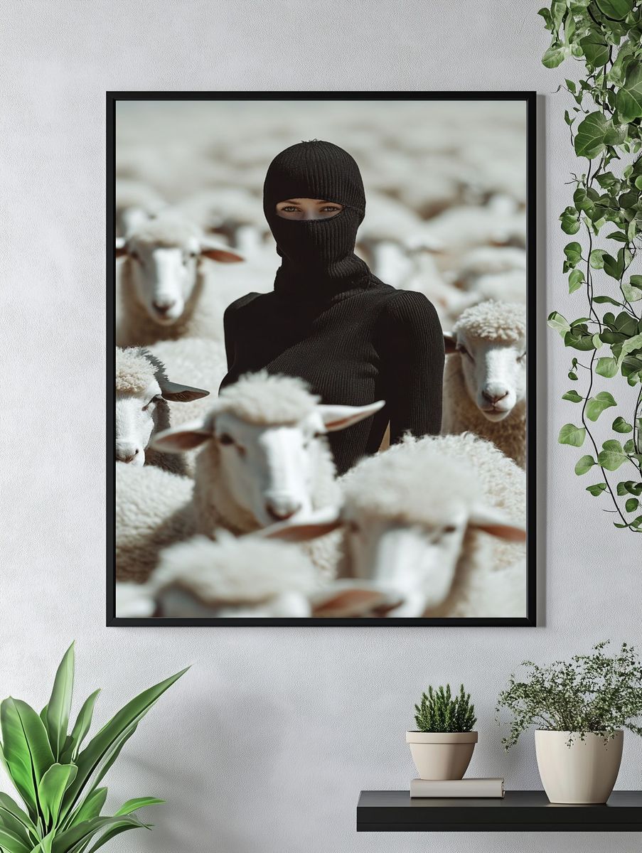 Mysterious Figure Among Sheep — Photography Print. — room view 4