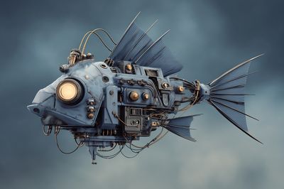 Mechanical Fish Surrealism Print. poster