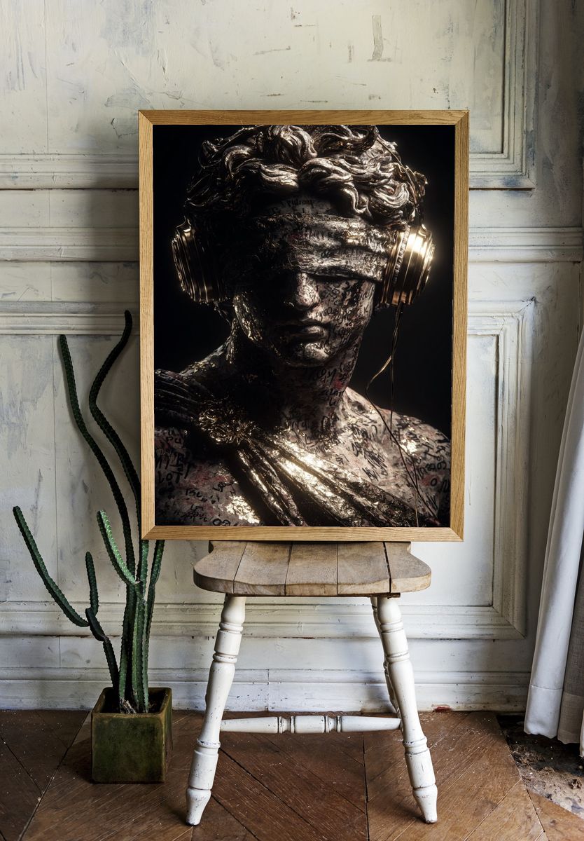 Modern Sculpture with Headphones — Fine Art Print. — room view 1