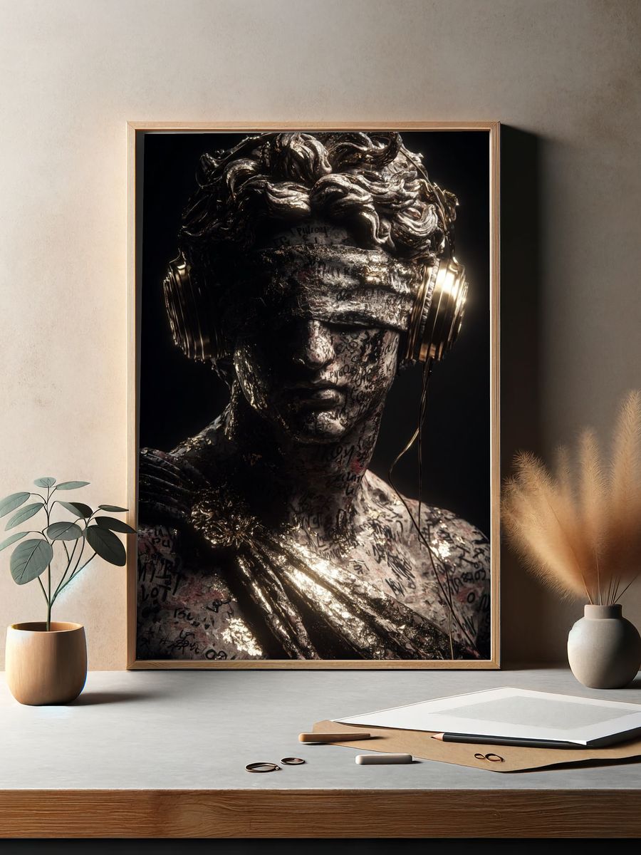 Modern Sculpture with Headphones — Fine Art Print. — room view 2
